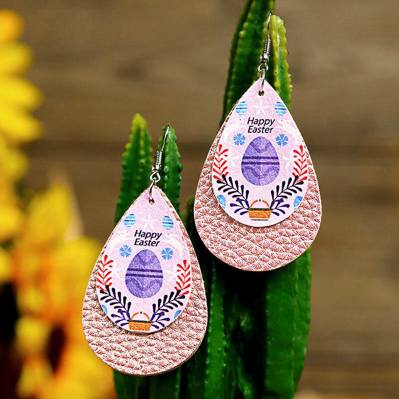 

Happy Easter Dual-Layered PU Leather Earrings, Gold;pink, 465762