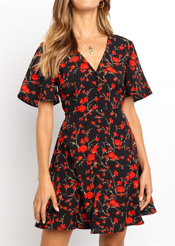 

Floral V-Neck Mini Dress without Necklace - Black, 465763
