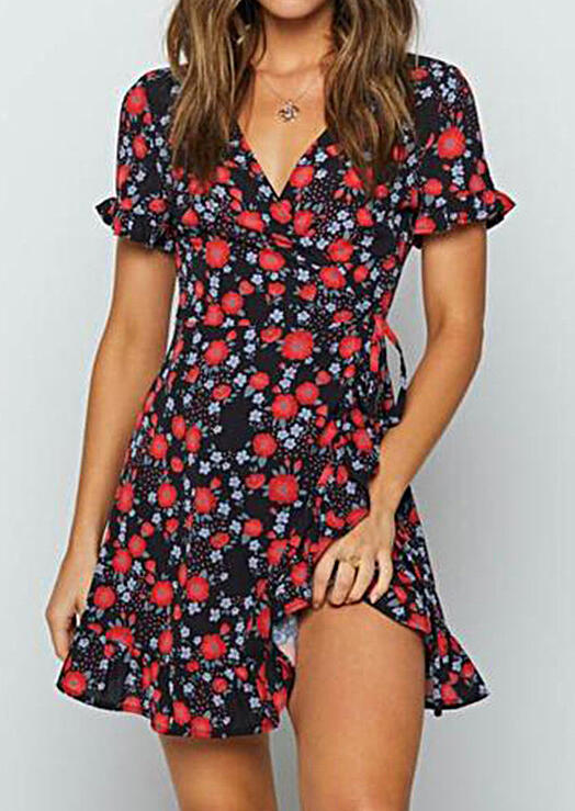 

Mini Dresses Floral V-Neck Tie Mini Dress without Necklace - Black. Size: ,XL