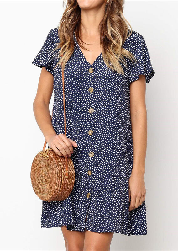 

Mini Dresses Printed Button V-Neck Mini Dress in Navy Blue. Size