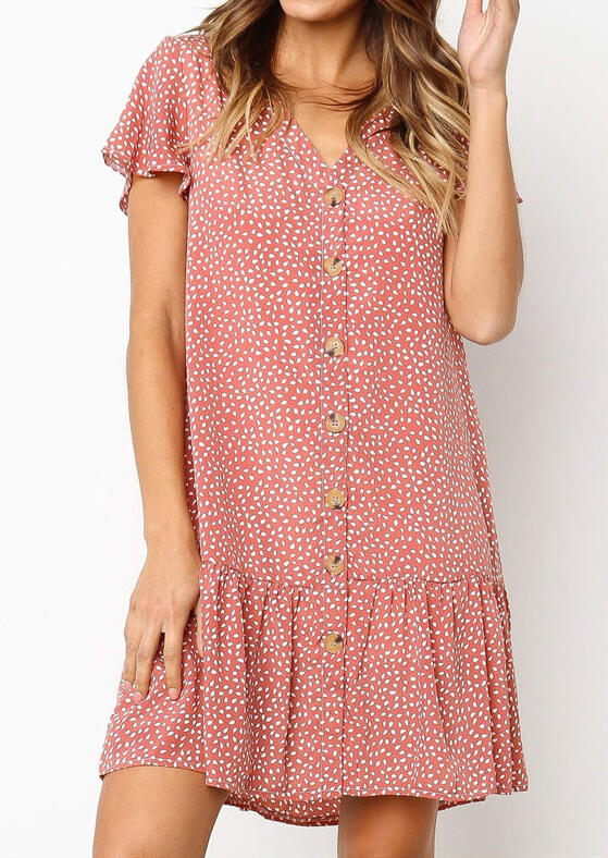 

Printed Button V-Neck Mini Dress - Watermelon Red, 465795