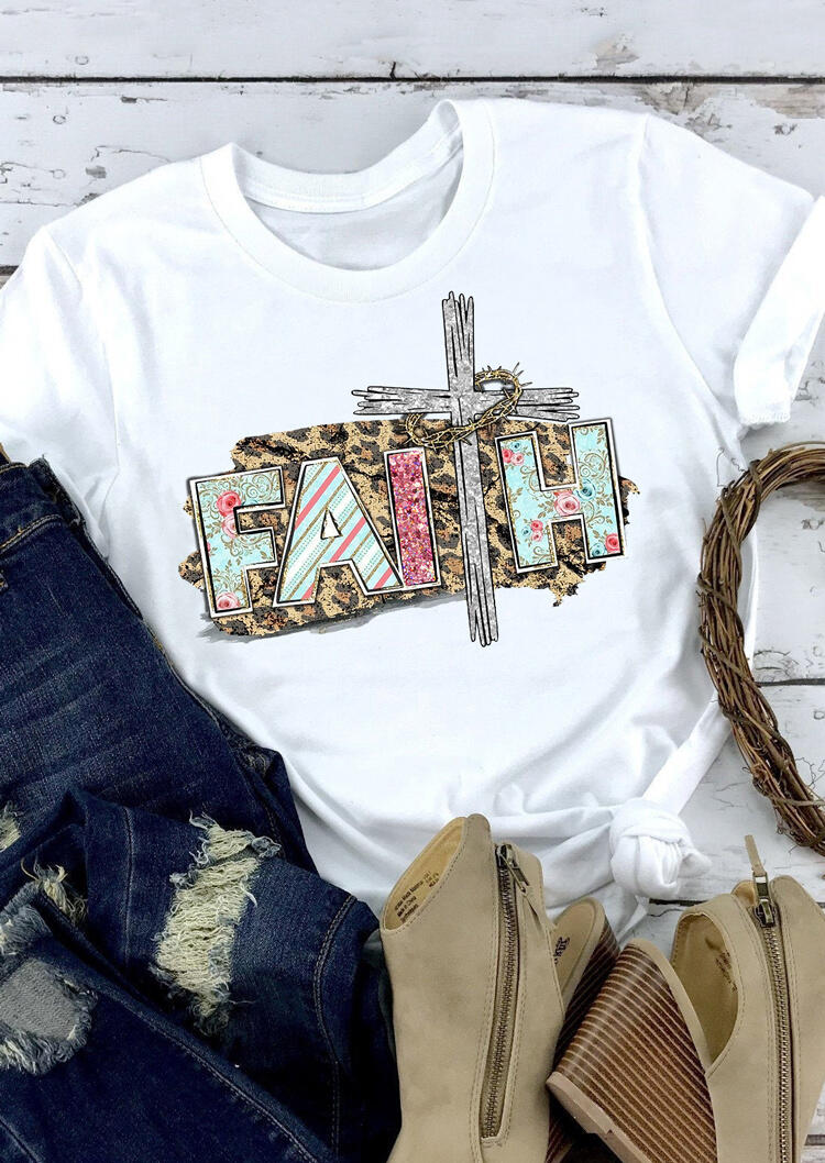 

Faith Cross Leopard Printed T-Shirt Tee - White, 465311