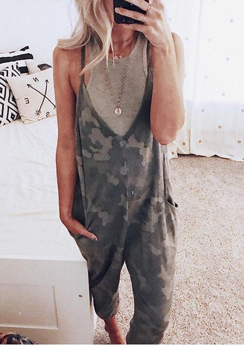 

Presale - Camouflage Printed Pocket Button V-Neck Jumpsuit without Necklace, 465891