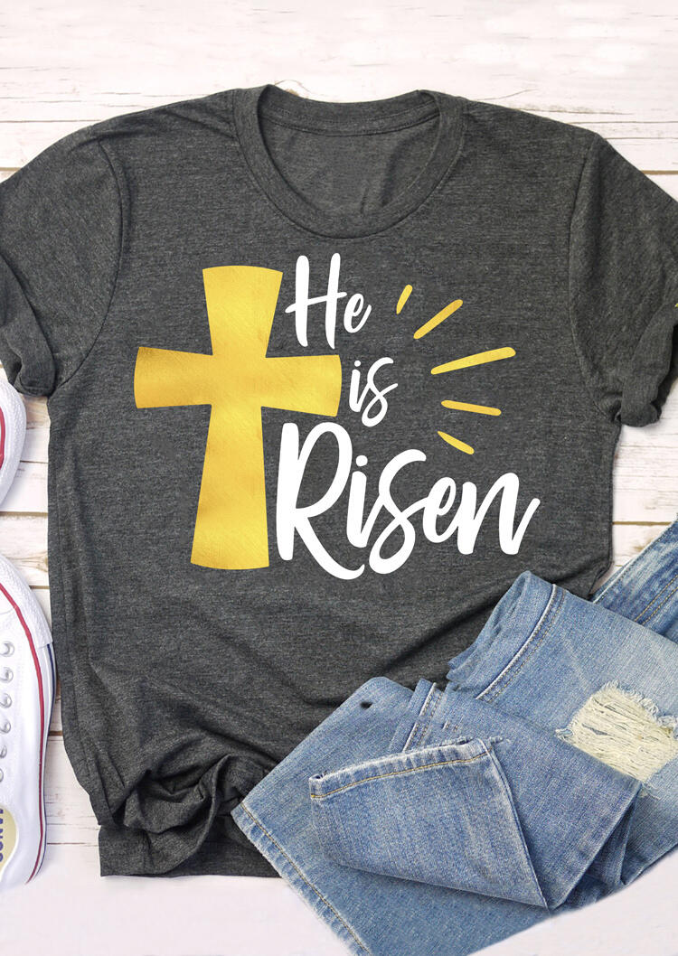 

Presale - Easter Day Sequined Cross He Is Risen T-Shirt Tee - Gray, 465902