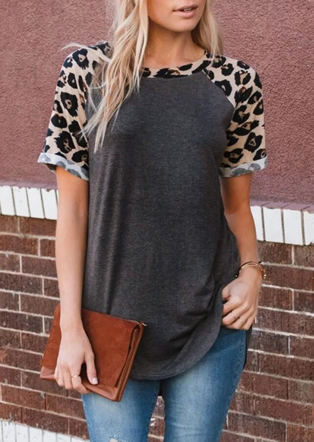 

Tees T-shirts Leopard Printed Splicing O-Neck T-Shirt Tee in Dark Grey. Size