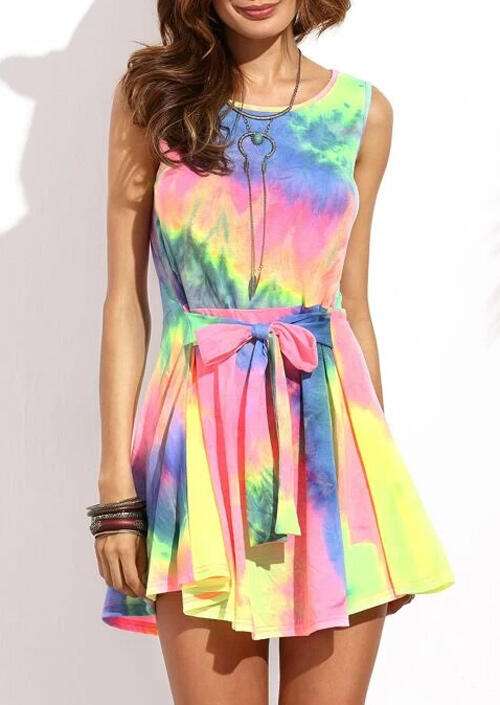

Mini Dresses Presale - Tie Dye O-Neck Tie Mini Dress without Necklace - Multicolor. Size: S,M,,XL