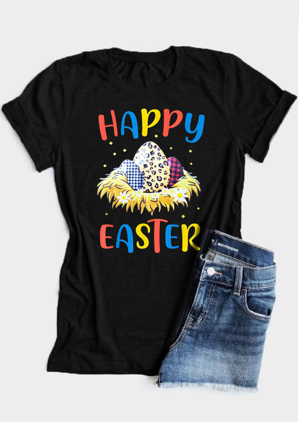 

Presale - Plaid Leopard Printed Floral Happy Easter T-Shirt Tee - Black, 465598