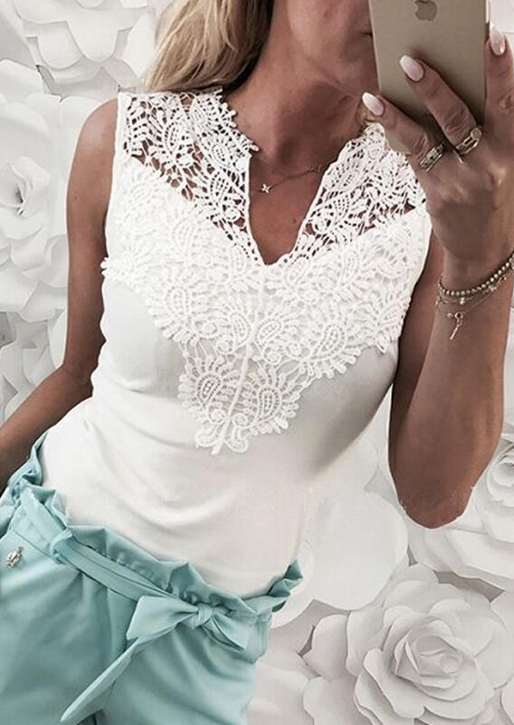 

Tank Tops Lace Splicing Hollow Out Tank without Necklace in White. Size