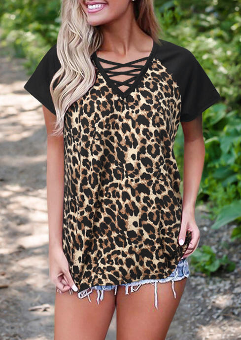 

Tees T-shirts Criss-Cross Leopard V-Neck T-Shirt Tee in Leopard. Size
