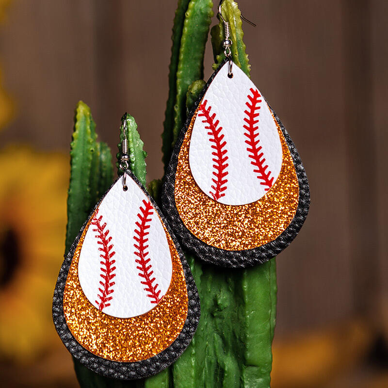 

Three-Layered Sequined Baseball Leather Earrings, Red;yellow, 465976