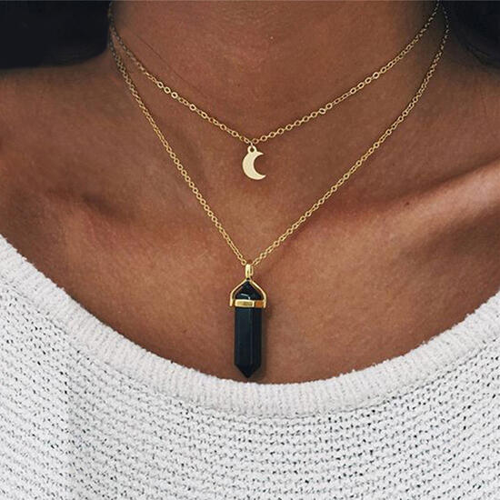 

Necklaces Double-Layered Crescent Moon Hexagonal Column Bullet Pendant Necklace. Size, Gold