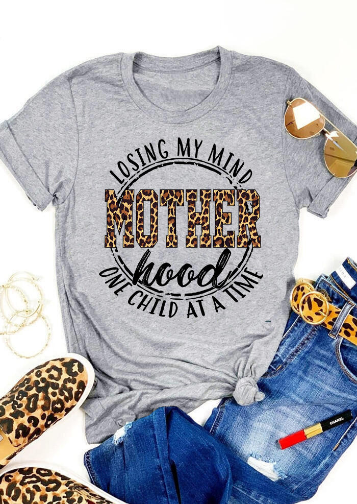 Mother Hood Leopard Printed Splicing T-Shirt Tee - Gray