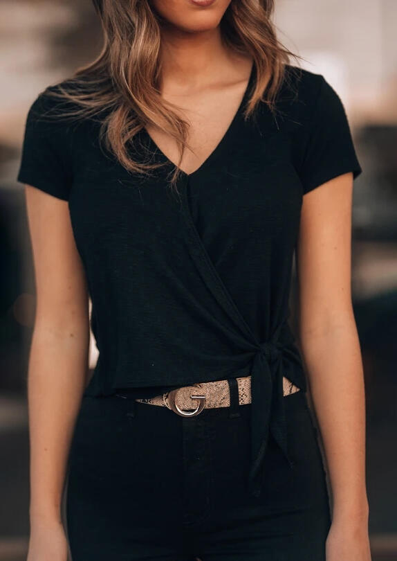 

Wrap Ruffled Tie Blouse without Belt - Black, 462435