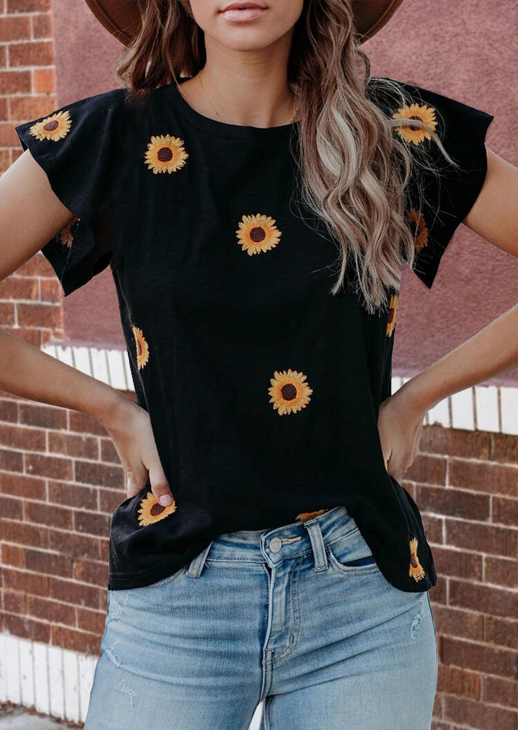 

Daisy Floral O-Neck T-Shirt Tee - Black, 466056