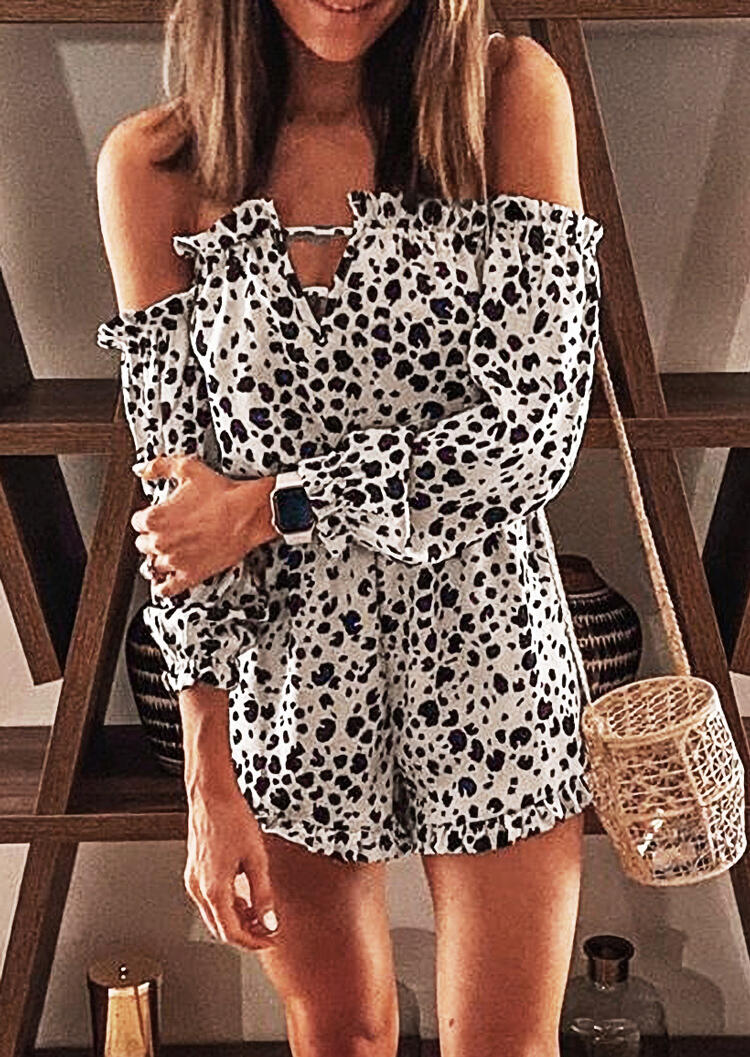 

Presale - Leopard Printed Ruffled Hollow Out Off Shoulder Romper, 466082
