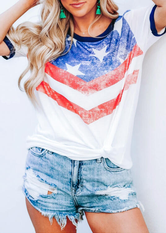 

Tees T-shirts American Flag Star O-Neck T-Shirt Tee - White. Size