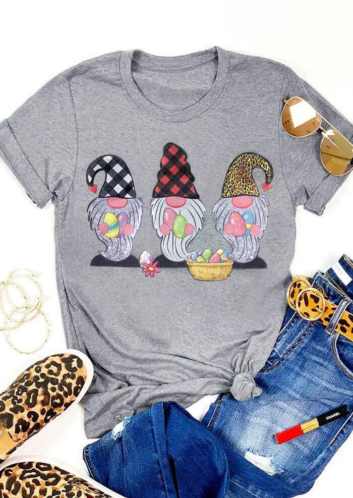 

Gnomies Easter Eggs Plaid Leopard Printed T-Shirt Tee - Gray, 465486