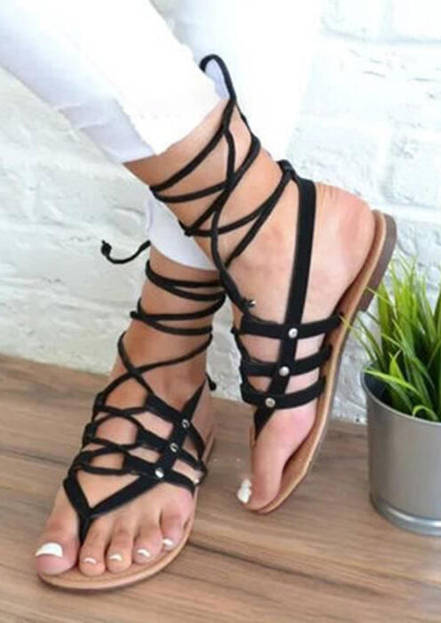 

Summer Lace Up Round Toe Flat Sandals, Black, 466333