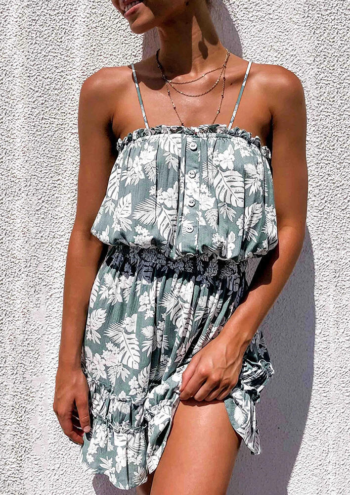 

Leaf Floral Button Ruffled Mini Dress without Necklace - Light Green, 466380