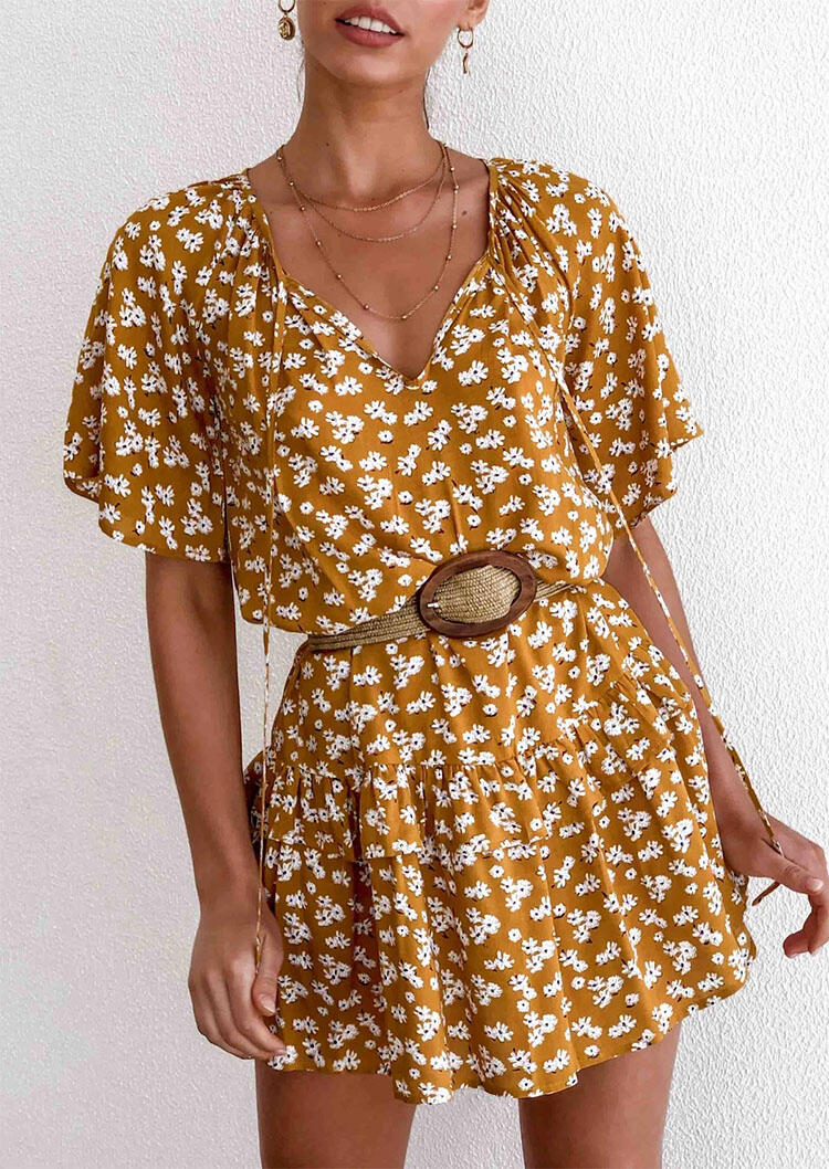 

Presale - Floral V-Neck Mini Dress without Necklace - Yellow, 466420