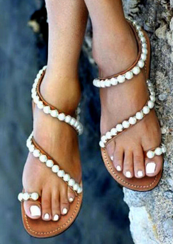 

Sandals Beading Round Toe Flat Sandals in DarkApricot. Size: ,39