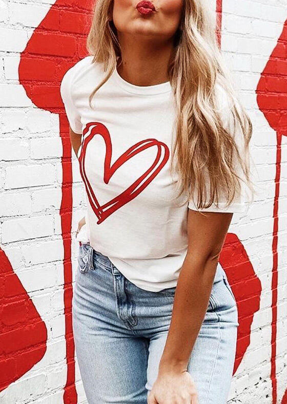 

Presale - Heart O-Neck Casual T-Shirt Tee - White, 466446