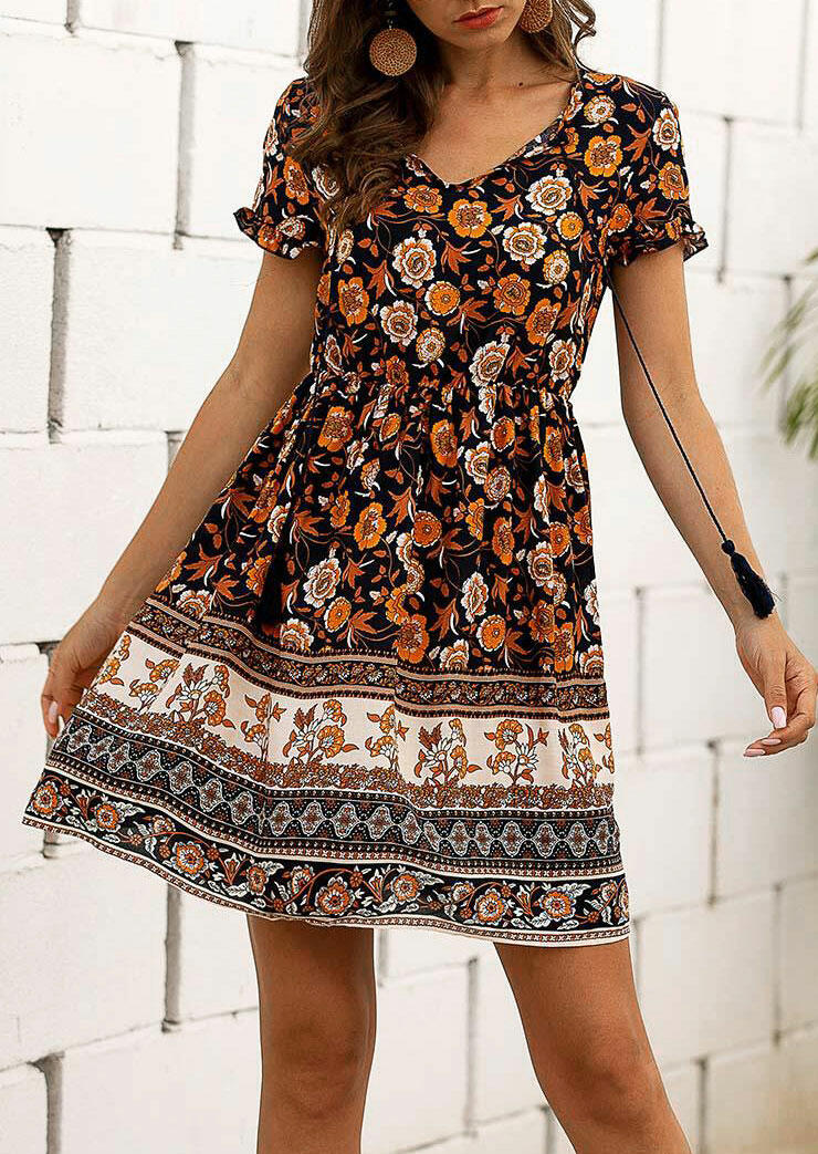 

Floral Ruffled Lace Up V-Neck Mini Dress - without Necklace, Black, 466473