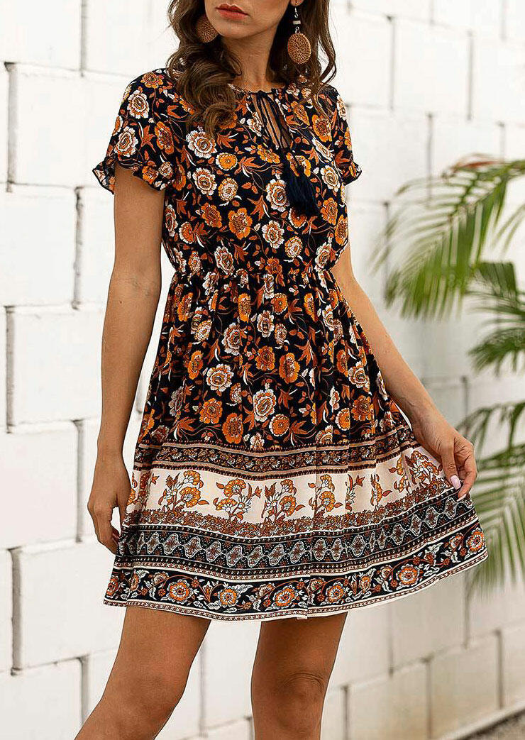 

Mini Dresses Floral Ruffled Lace Up V-Neck Mini Dress - without Necklace in Black. Size