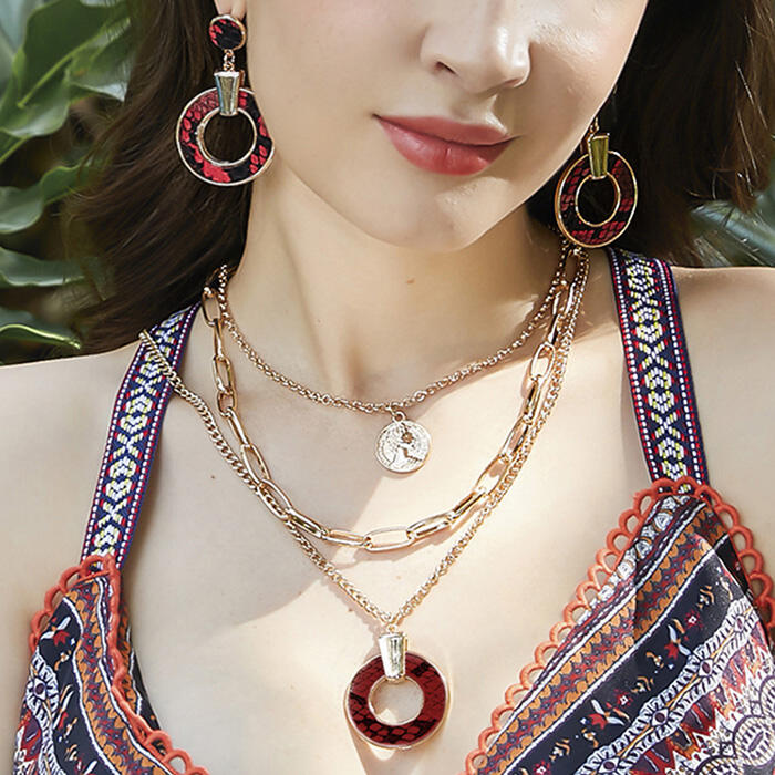 

Jewelry Presale - Snake Skin Earrings + Multi-Layered Pendant Necklace Set. Size, Gold