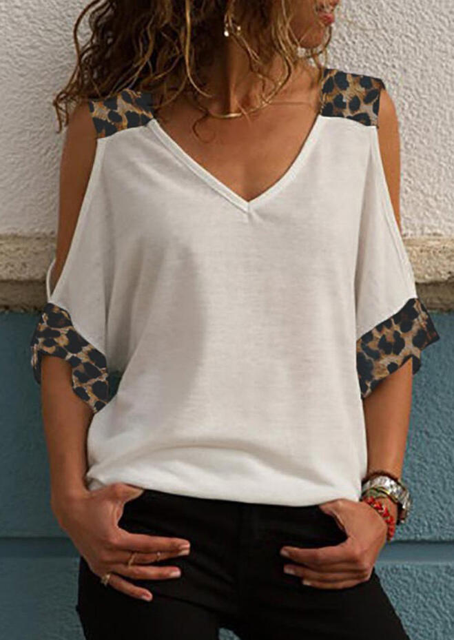 

Leopard Printed Cold Shoulder Blouse without Necklace - White, 466498