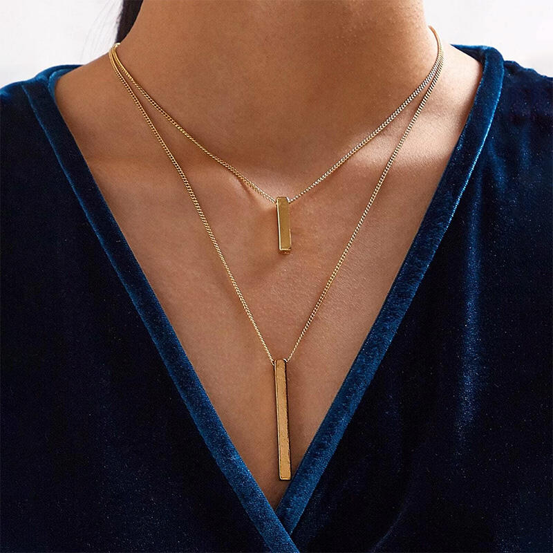 

Simple Long Pendant Dual-Layered Necklace, Gold, 466505