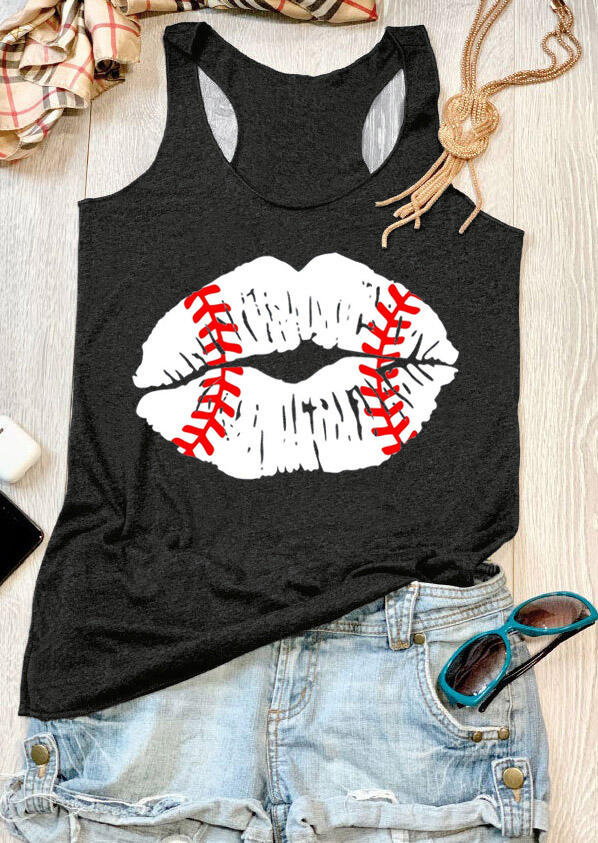 

Tank Tops Baseball Lips O-Neck Casual Tank Top in Dark Grey. Size: ,M,L,XL
