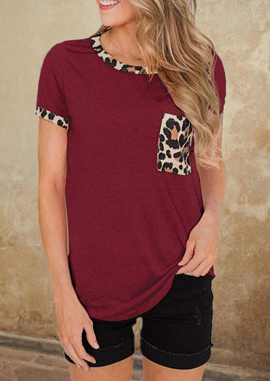 

Leopard Printed Splicing Pocket T-Shirt Tee - Burgundy, 466573