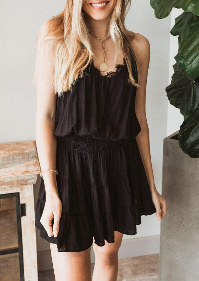 

Presale - Lace Splicing Ruffled Open Back Mini Dress without Necklace - Black, 466584