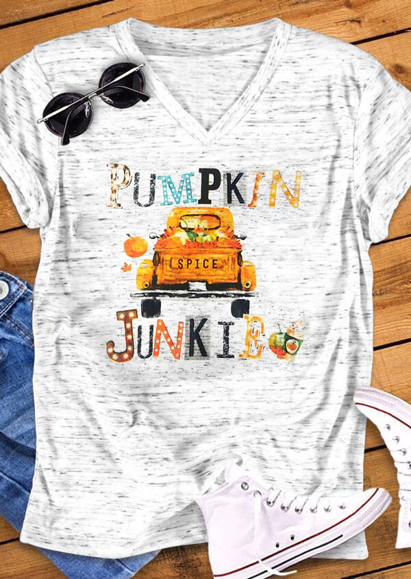 

Pumpkin Spice Junkie V-Neck T-Shirt Tee, Light grey, 419934