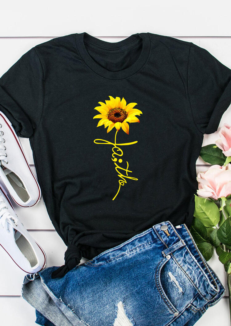 Sunflower Faith O-Neck T-Shirt Tee - Black - Fairyseason