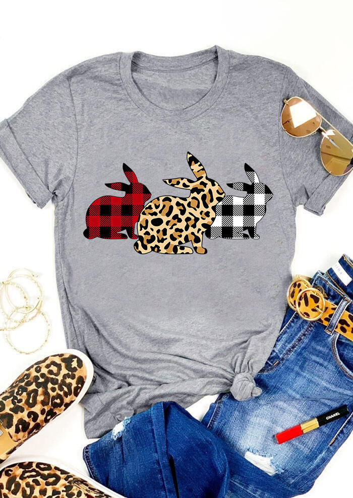 

Plaid Leopard Printed Easter Day Bunny T-Shirt Tee - Gray, 465731