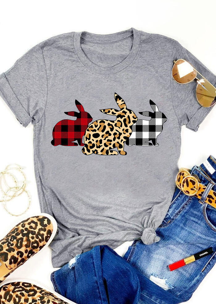 

Tees T-shirts Plaid Leopard Printed Easter Day Bunny T-Shirt Tee - Gray. Size