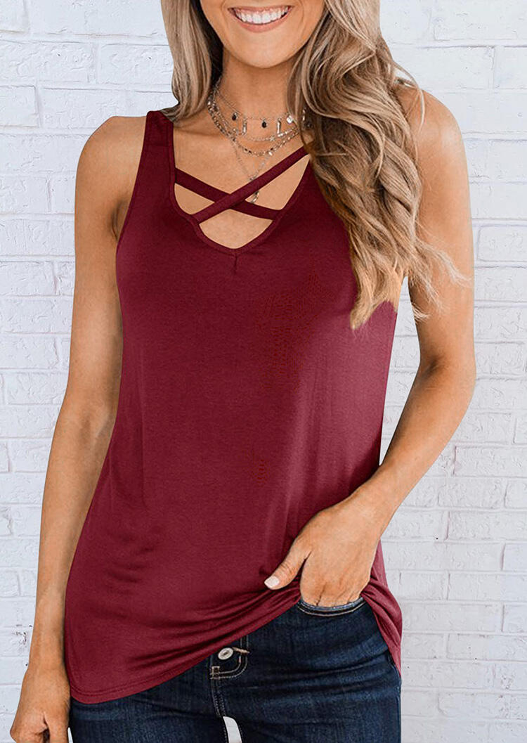 

Tank Tops Criss-Cross Casual Tank without Necklace in Burgundy. Size