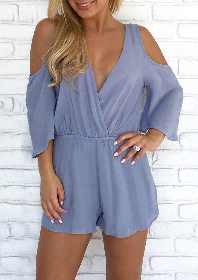 

Presale - Ruffled V-Neck Cold Shoulder Romper - Light Blue, Lightblue, 466711