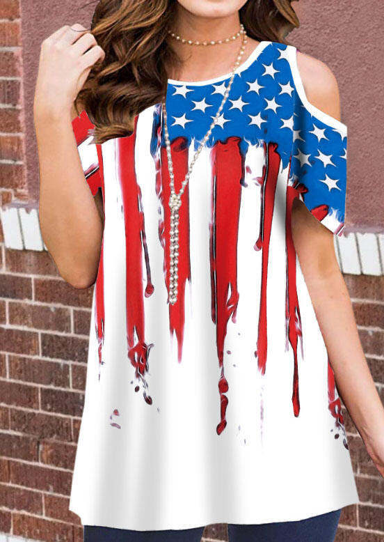 

American Flag Cold Shoulder Blouse without Necklace - White, 466737