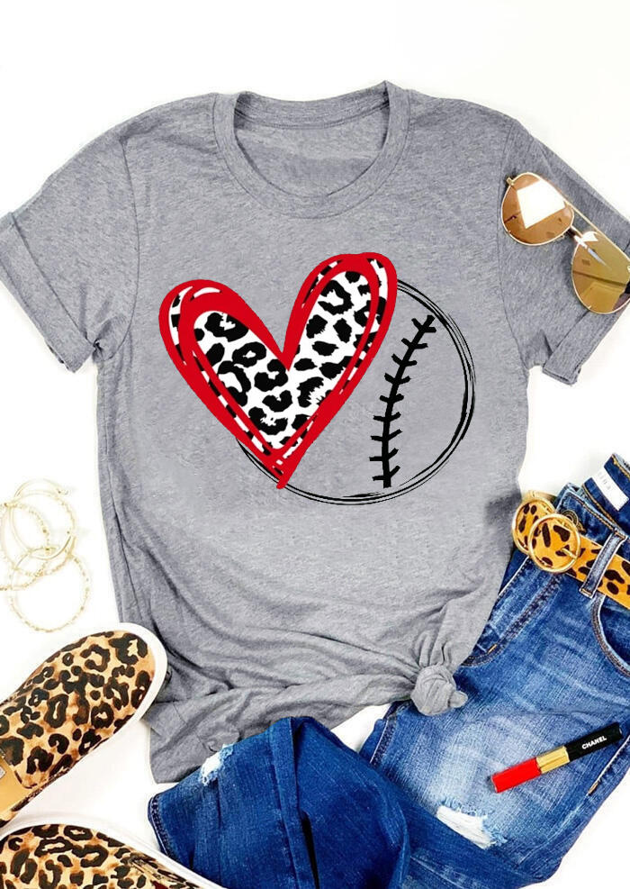 

Baseball Leopard Printed Heart T-Shirt Tee - Gray, 466777