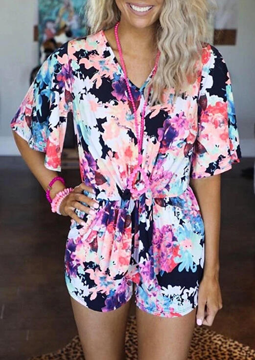 

Jumpsuits & Rompers Floral Irregular Romper without Necklace in Multicolor. Size