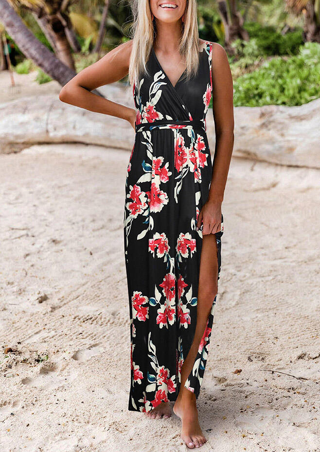 

Maxi Dresses Floral Spaghetti Strap Slit Maxi Dress in Black. Size