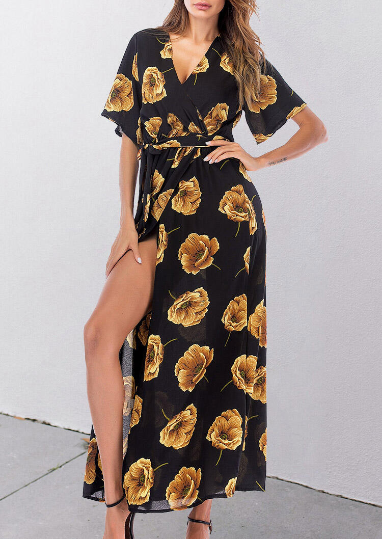 

Maxi Dresses Floral V-Neck Slit Hollow Out Maxi Dress - Black. Size: S,M,,XL