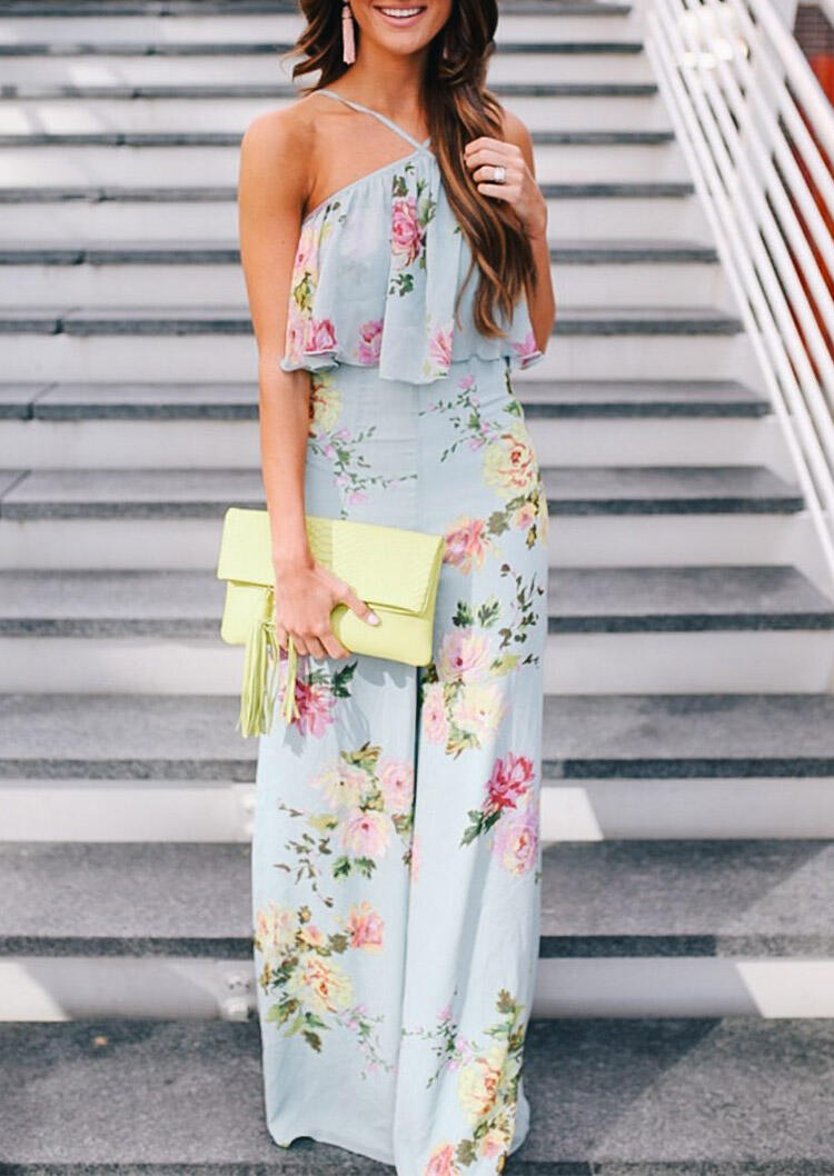 

Presale - Floral Ruffled Open Back Jumpsuit - Light Green, 466824