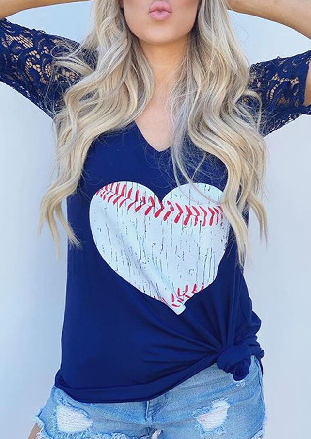 

Tees T-shirts Presale - Lace Splicing Baseball Heart T-Shirt Tee - Deep Blue. Size: S,M,,XL
