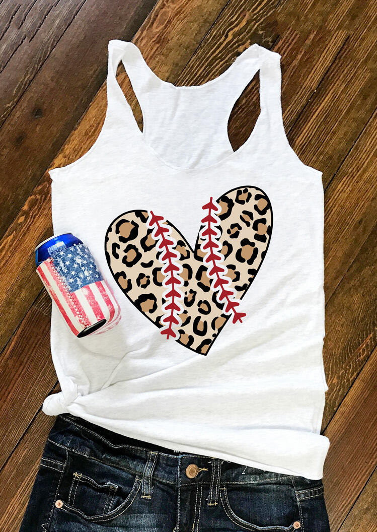 

Tank Tops Baseball Leopard Printed Heart Casual Tank - White. Size