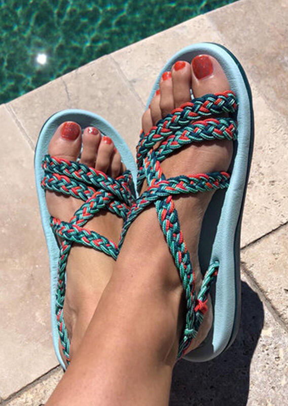 

Criss-Cross Braided Beach Flat Sandals, Light blue, 466933