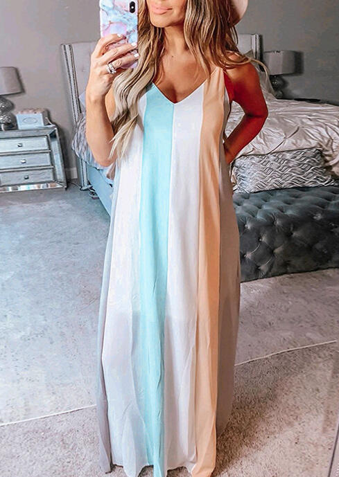 

Colorful Striped Spaghetti Strap Open Back Maxi Dress - Multicolor, 466945